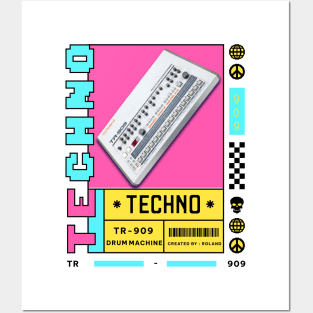 TECHNO  - TR 909 Drum Machine (black/blue/pink) Posters and Art